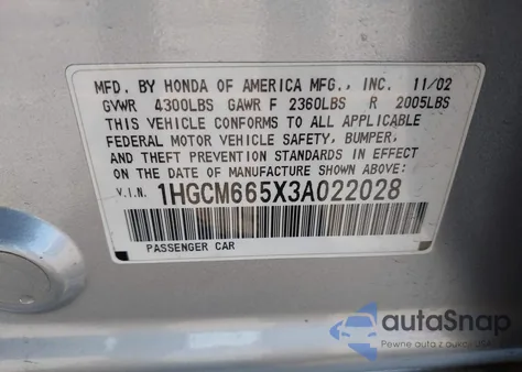 2003 Honda Accord 3.0 Ex из США, поврежденный, VIN 1HGCM665X3A022028